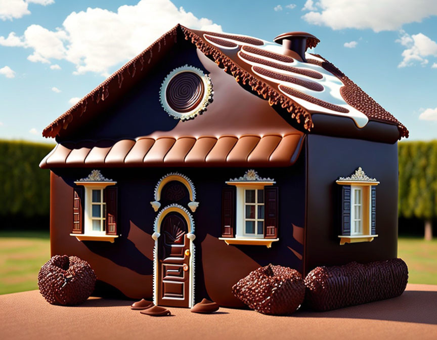 Chocolate house with windows, door, and roof against blue sky and greenery