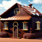 Chocolate house with windows, door, and roof against blue sky and greenery