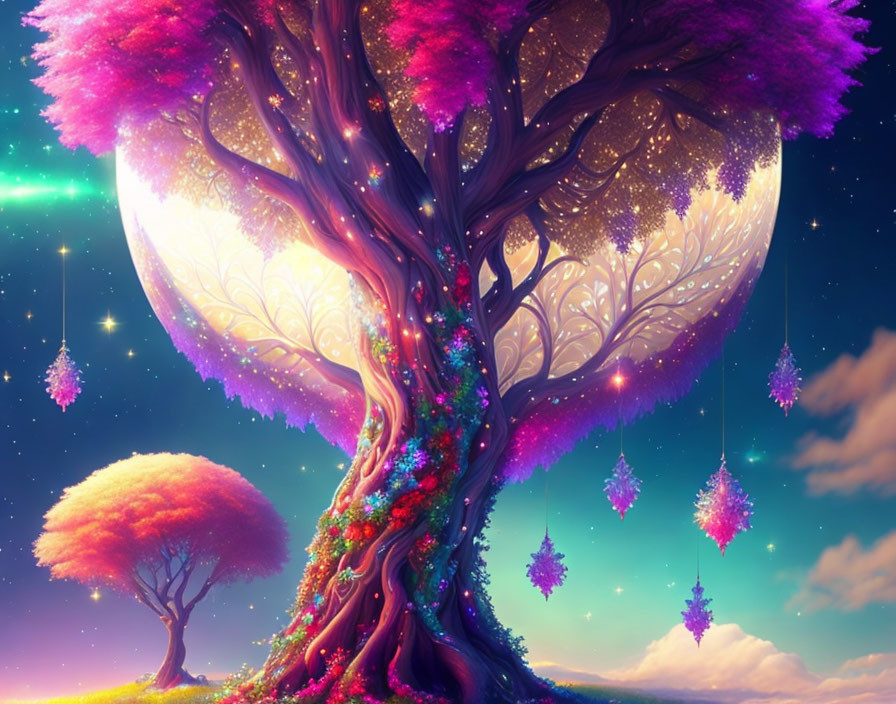 Colorful fantasy landscape with magical tree and crystals under starry sky