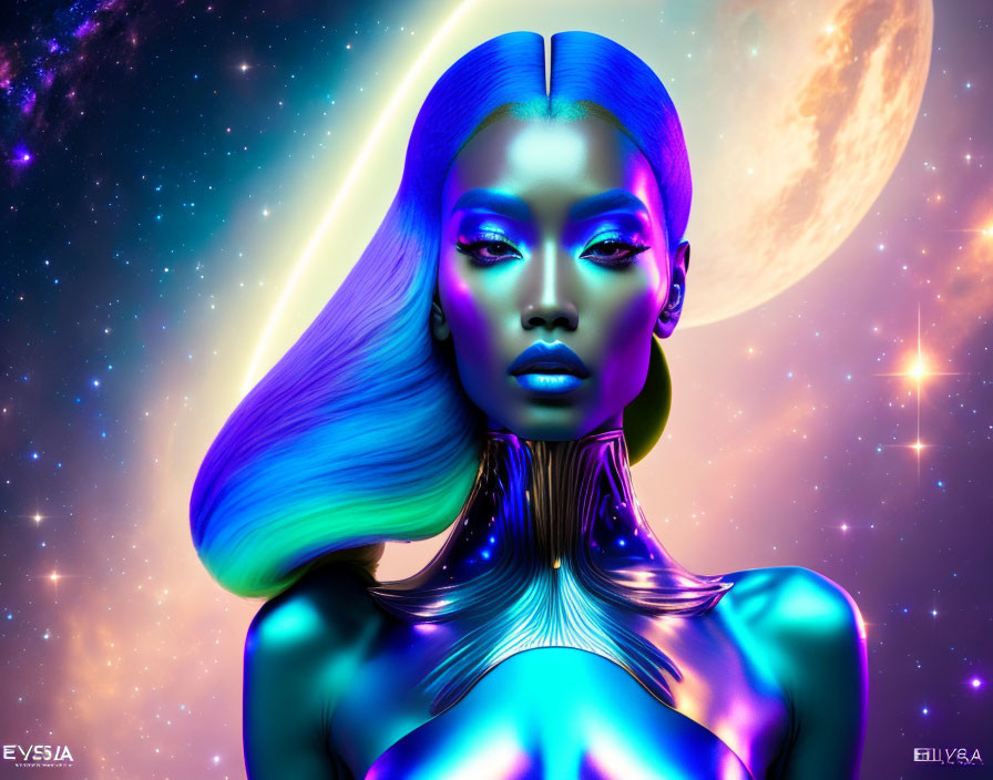 Vibrant blue skin and cosmic backdrop in digital art portrait