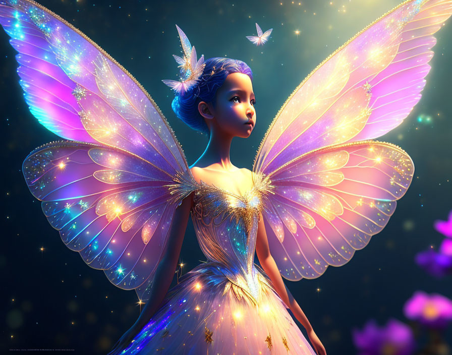 Young girl with vibrant butterfly wings in fantasy setting surrounded by lights & flowers