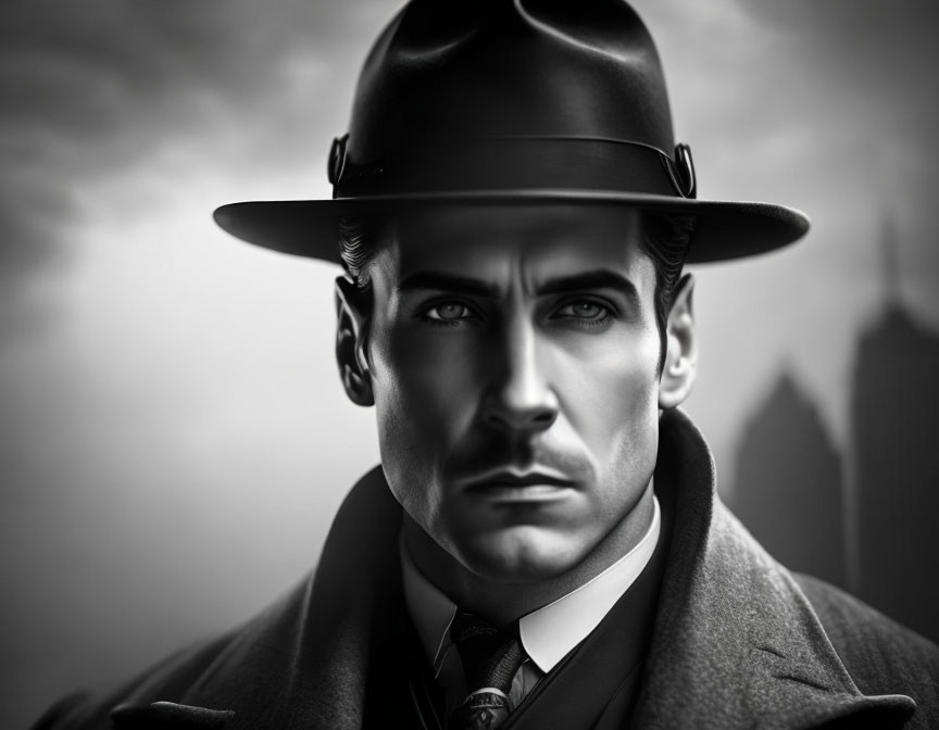 Monochrome portrait of man in fedora and overcoat