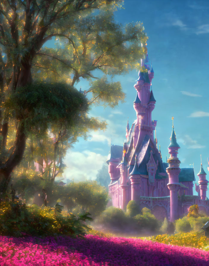 Enchanted castle with spires in magical forest with pink and purple flora