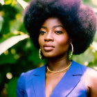 Woman with Afro Hairstyle in Blue Top and Gold Jewelry on Green Background