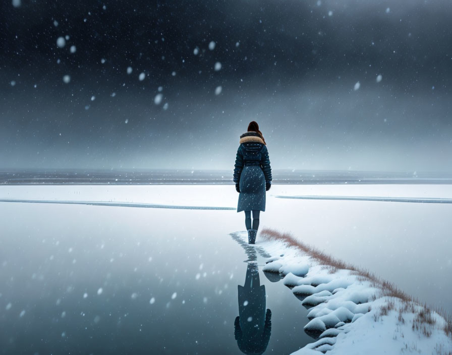 Person walking towards snowy horizon reflected in calm water beneath snowy sky