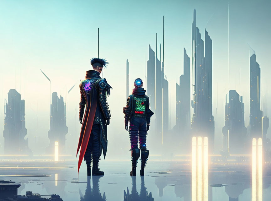 Futuristic characters in long coat and space helmet against cityscape