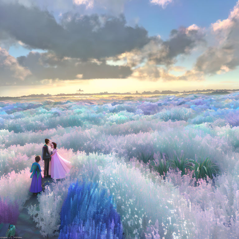 Formal Attire Couple Dancing in Colorful Meadow at Dusk