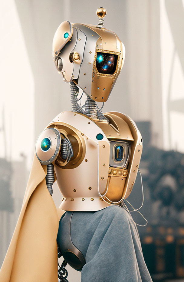 Sleek Gold and White Humanoid Robot with Visible Circuitry Neck