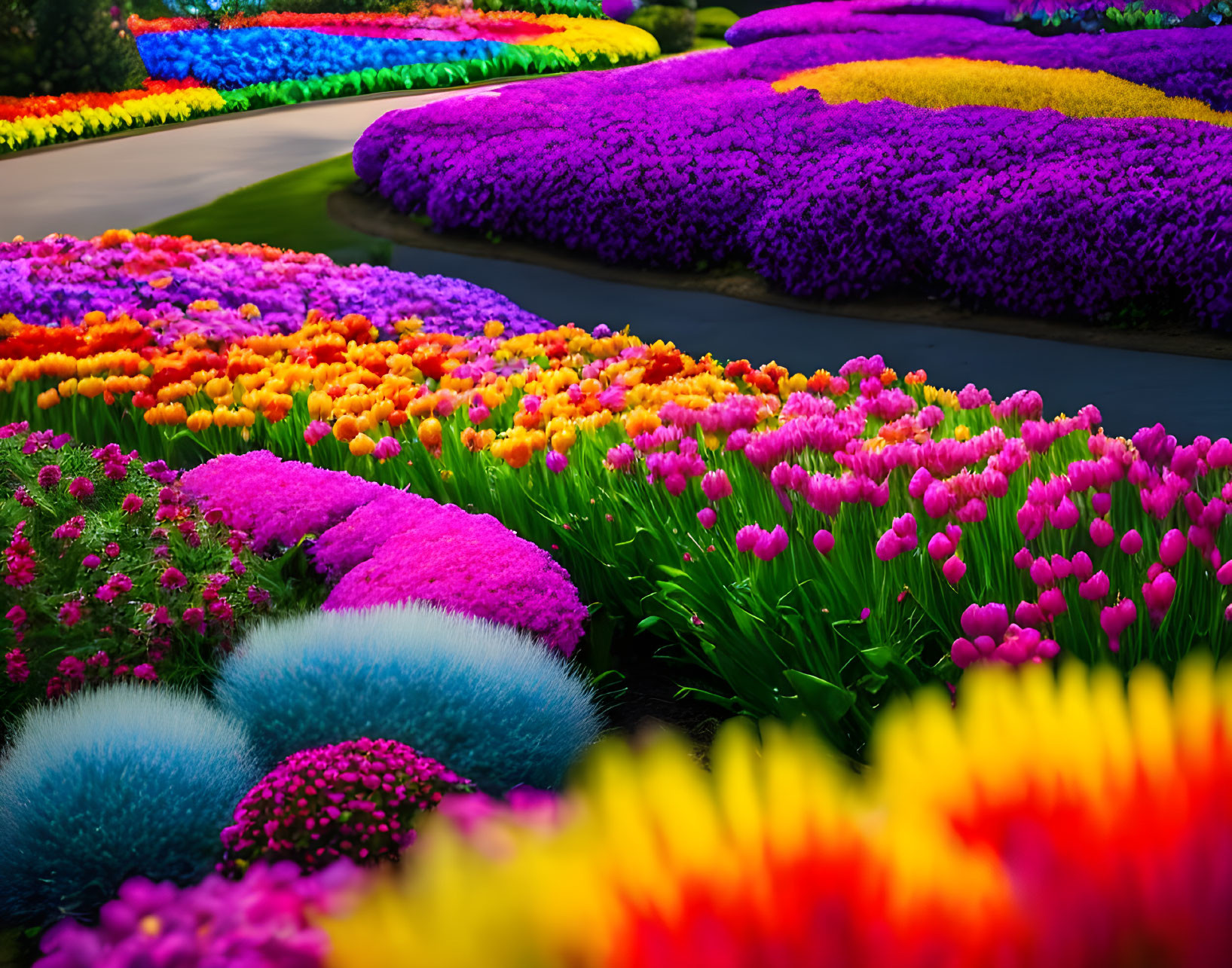 Colorful Flower Beds and Tulips in Vibrant Garden Landscape