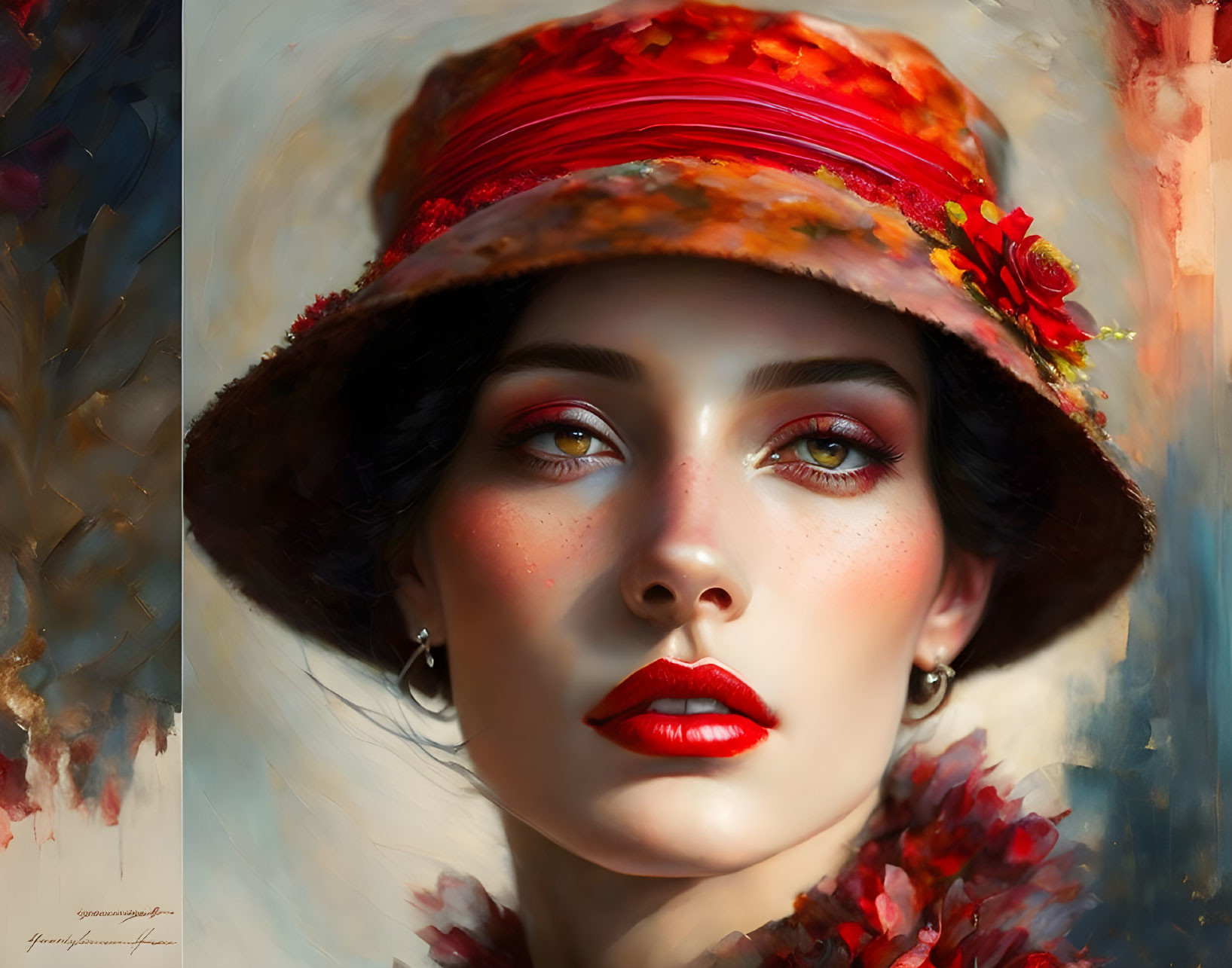 Portrait of a woman with green eyes, red lips, and red floral hat in digital art.