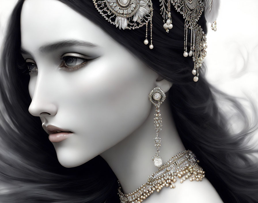 Grayscale digital artwork of woman with intricate jewelry and pearls