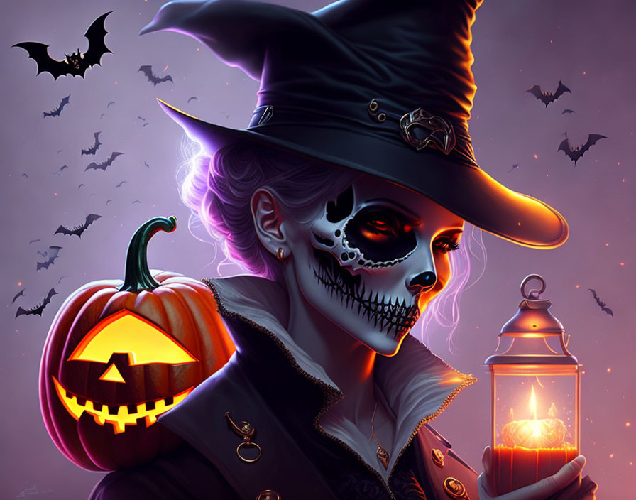 Person with Skull Face-Paint in Witch Hat Holding Pumpkin and Lantern amid Bats in Purple Night Background