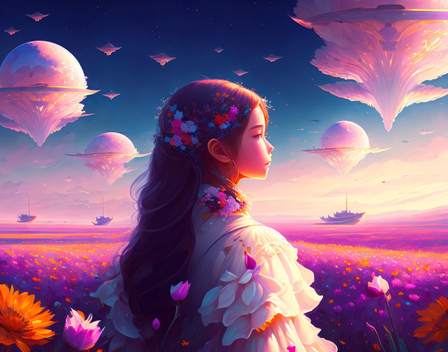 Girl with flowers in hair admires surreal sunset with floating islands and ships