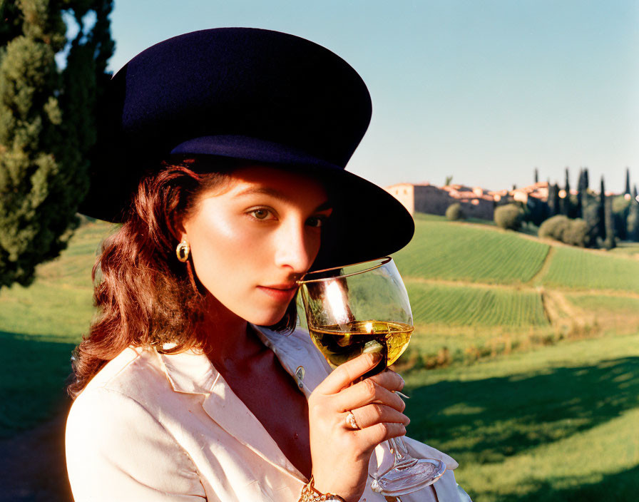 Woman in wide-brimmed hat with white wine glass and estate backdrop.