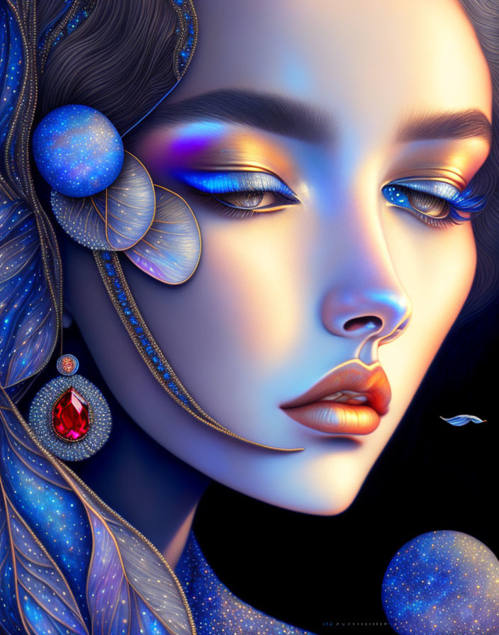 Vibrant cosmic-themed digital portrait of a woman with blue makeup and ruby earring