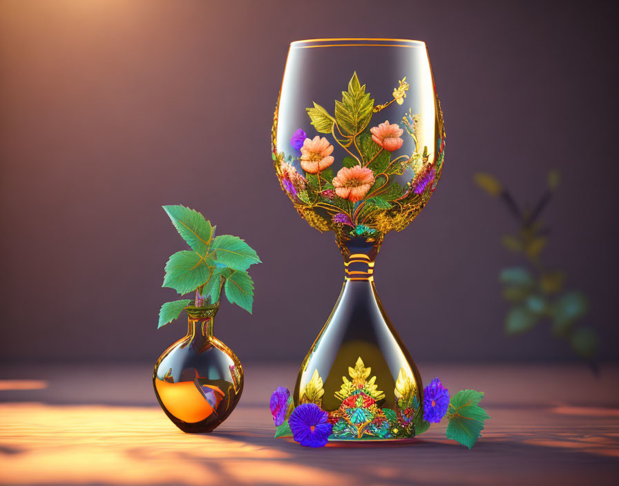 Intricate Floral Glass and Bottle Set with Fresh Sprigs