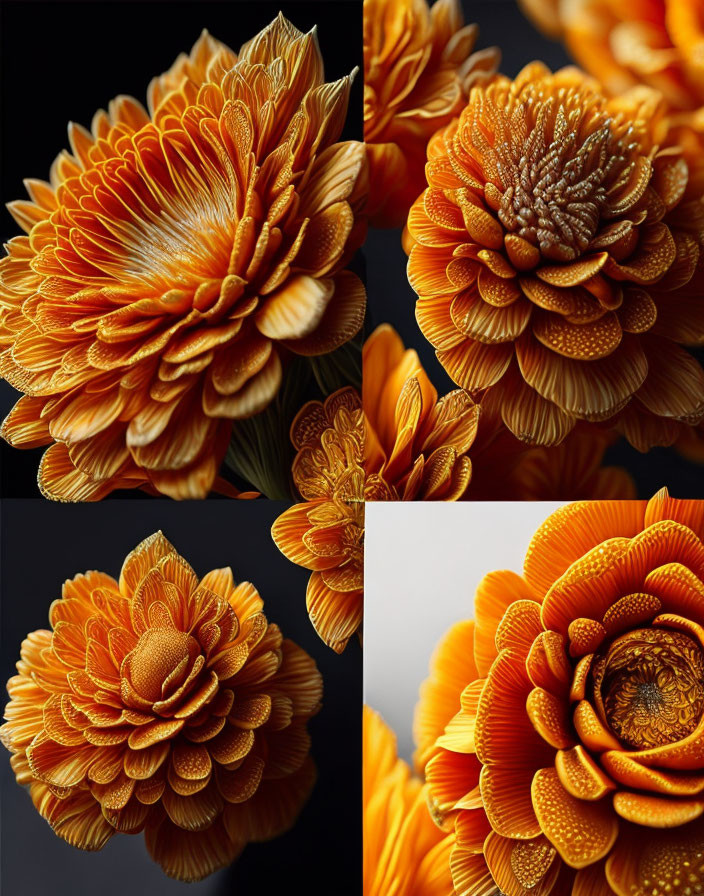 Detailed close-ups of vibrant orange flowers on dark background.