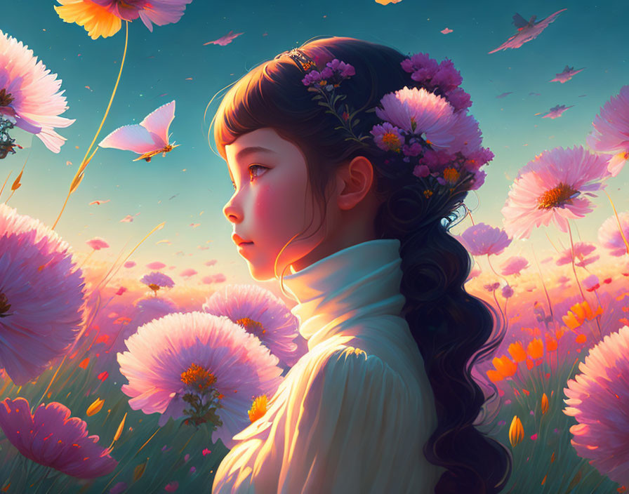 Young girl with flower crown in magical meadow at sunset