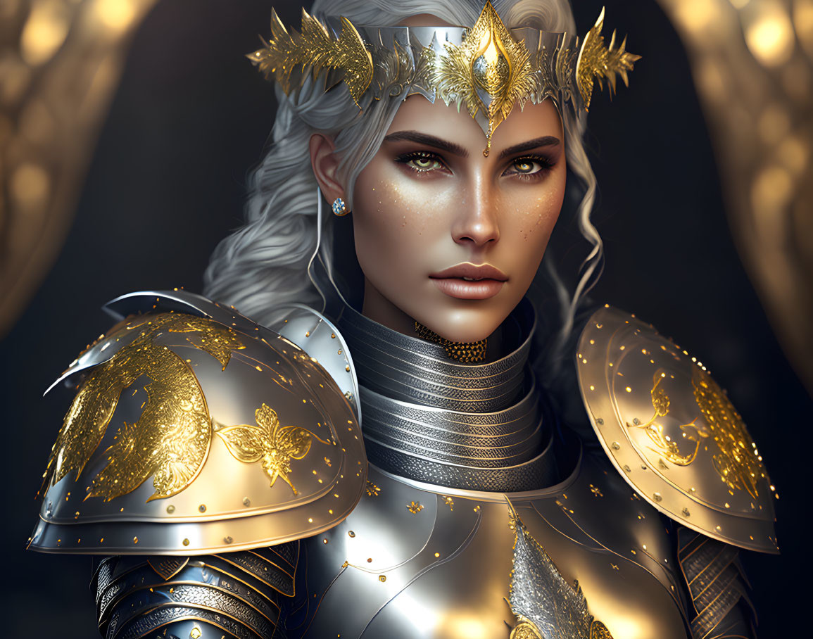 Woman with Green Eyes in Golden Armor and Crown