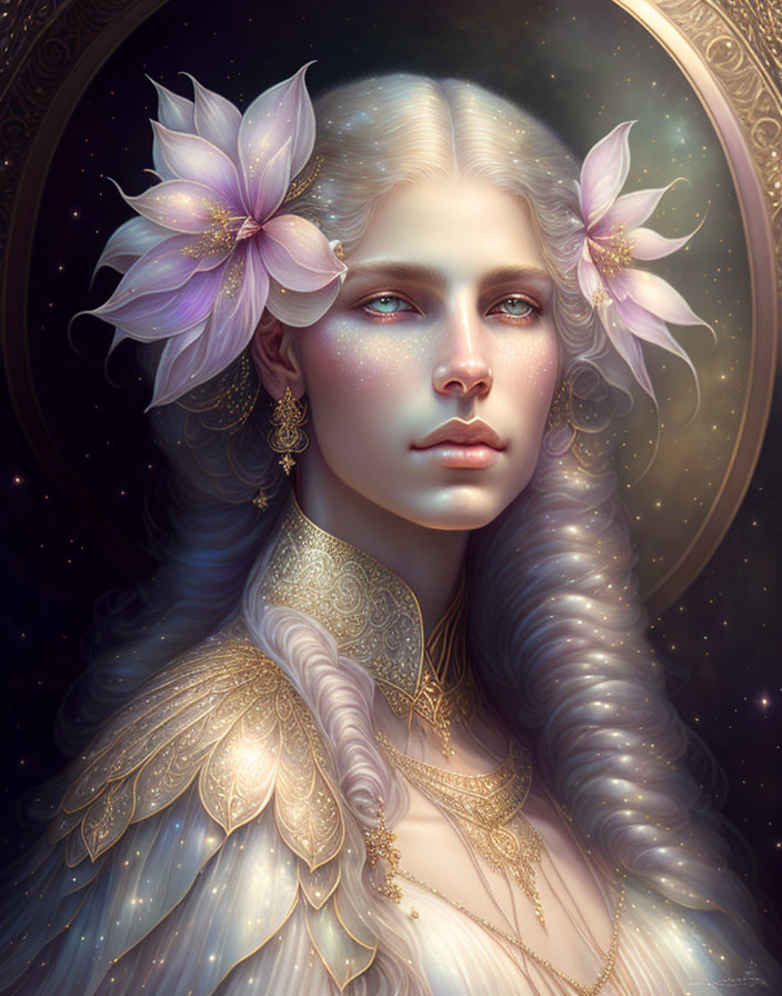 Ethereal woman with silver hair, pink flowers, and starry background