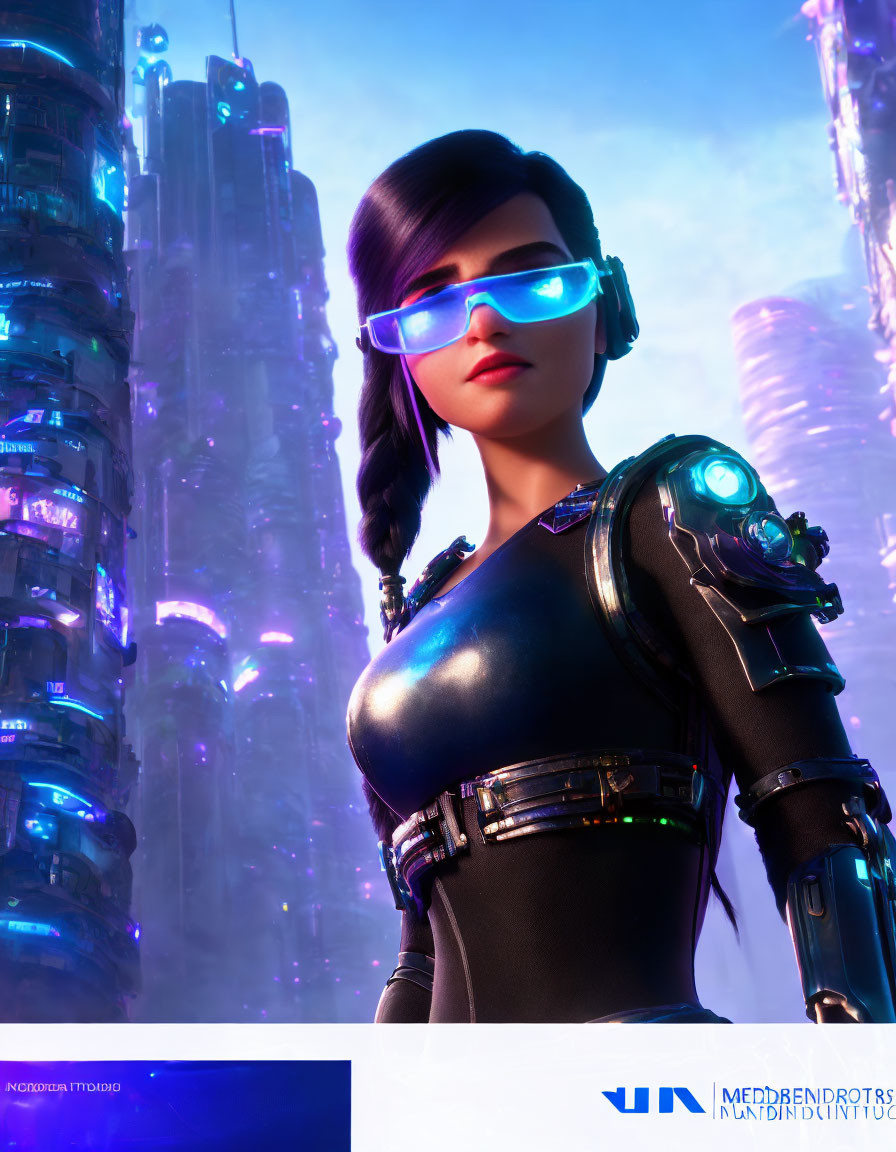 Futuristic female character with neon blue glasses, braid, and cybernetic arm enhancements in