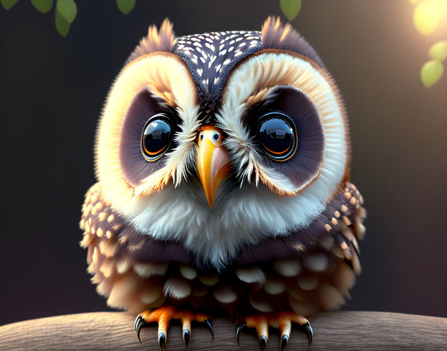 Cartoonish owl with expressive eyes perched on branch against dark background