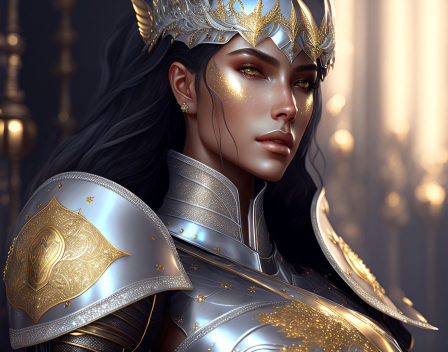 Digital artwork of a woman in silver and gold armor with regal crown