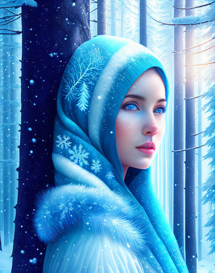 Digital Artwork: Woman with Blue Eyes and Snowflake Headscarf in Snowy Forest