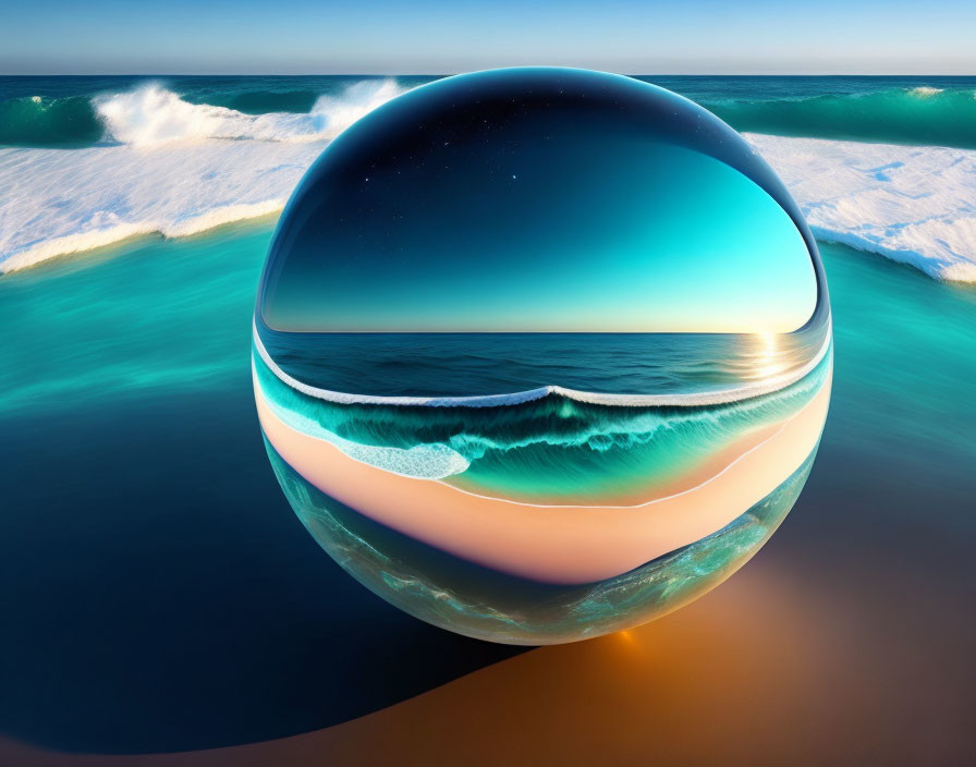 Crystal Ball Reflects Inverted Seascape with Breaking Waves at Twilight