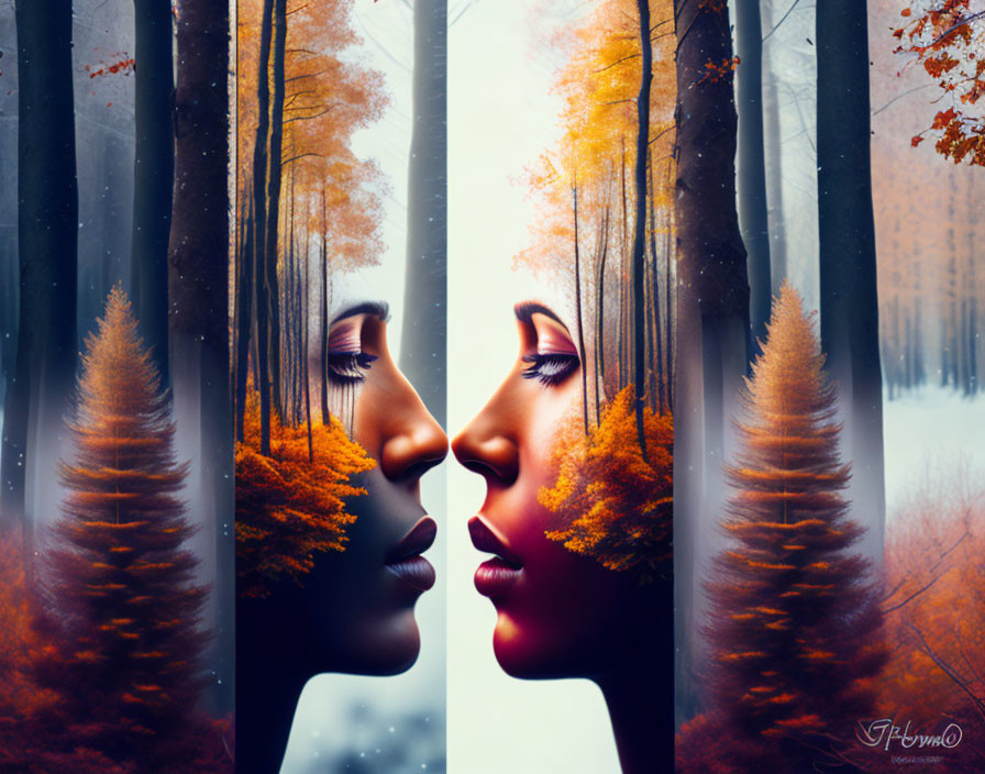 Double Exposure Artwork: Woman & Forest Profiles Merge, Seasonal Contrast in Icy Blue & Warm