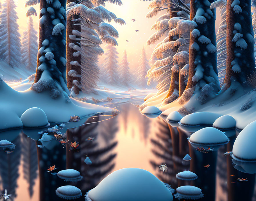 Snow-covered trees and river in serene winter scene