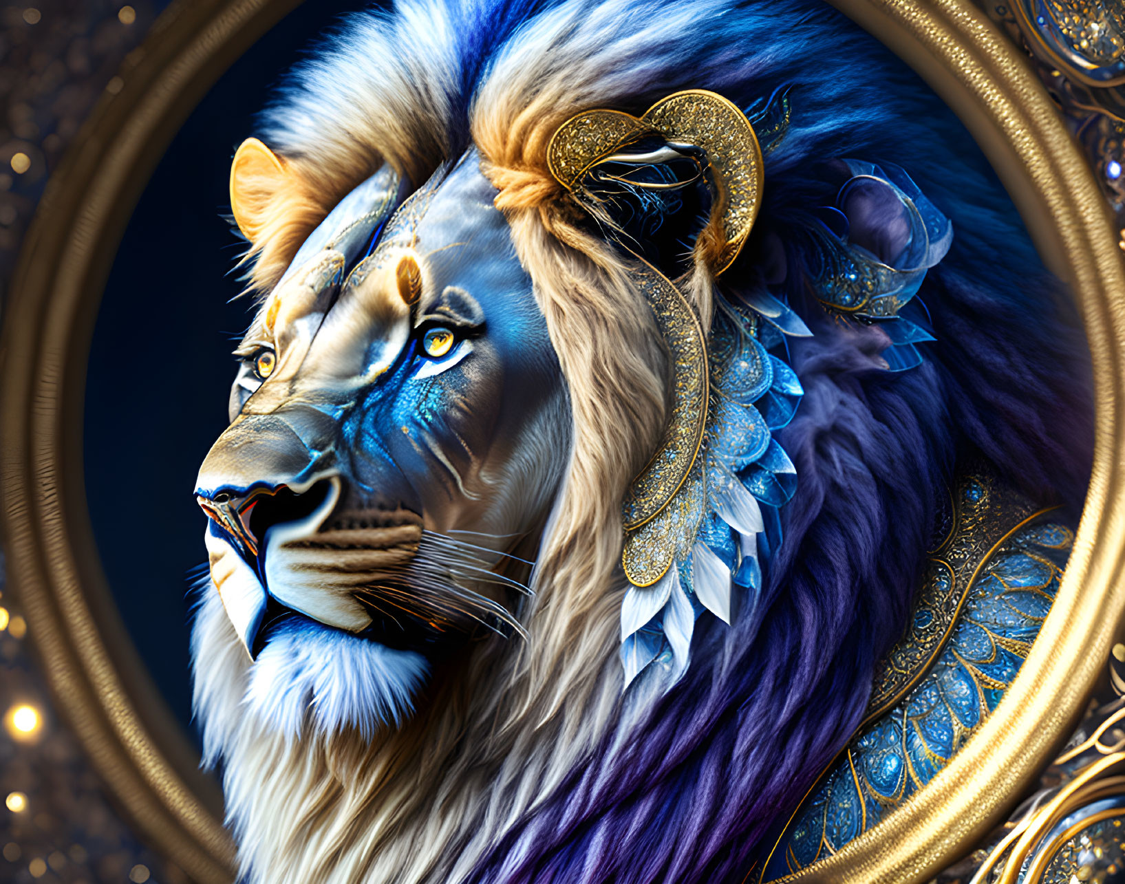 Blue-Maned Lion with Golden Decorations and Feathers in Ornate Circular Frame