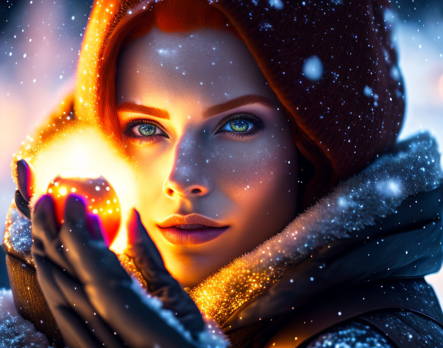 Woman with Blue Eyes and Red Hood Holding Glowing Orb in Snowflake Scene