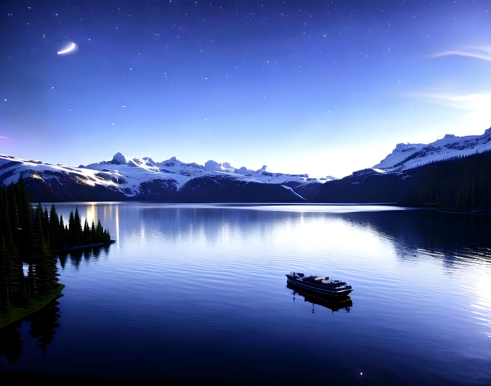 Tranquil night landscape: starry sky, lake reflection, solitary boat, snow-capped mountains