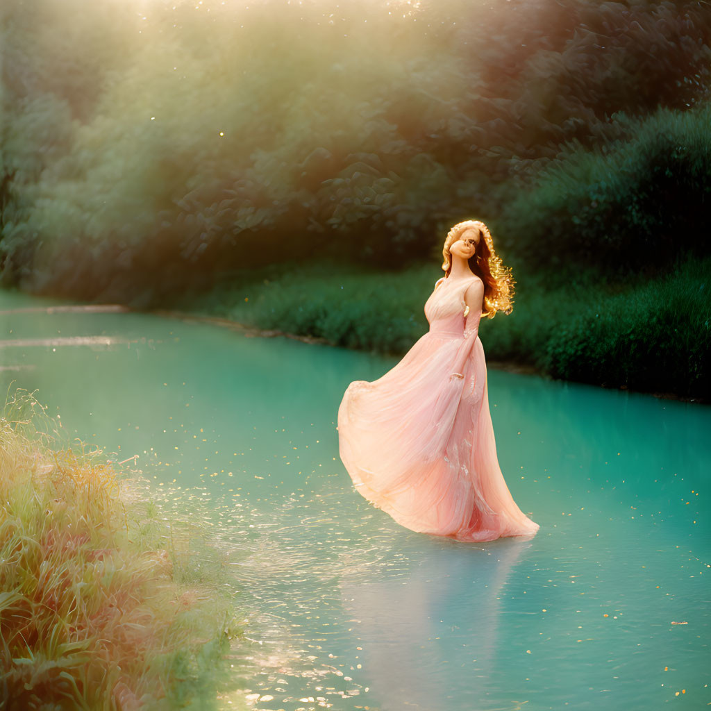 Woman in pink dress by blue river under warm light