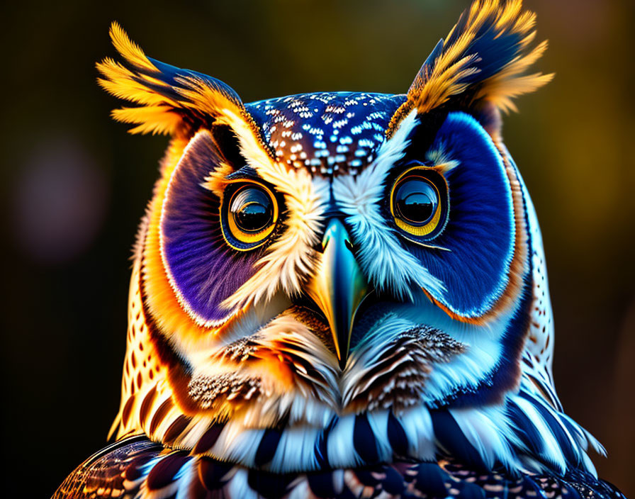 Vivid Blue and Orange Owl Artwork with Yellow Eyes