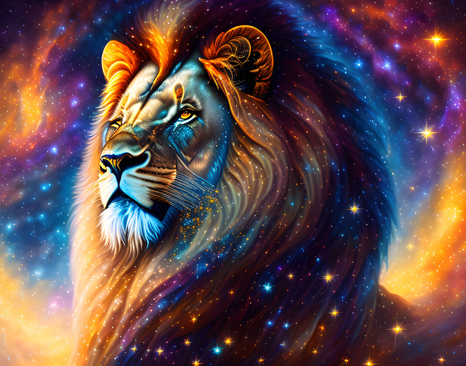 Majestic lion with cosmic background and mystical aura