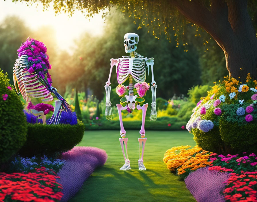 Colorful Jointed Skeletons in Vibrant Garden