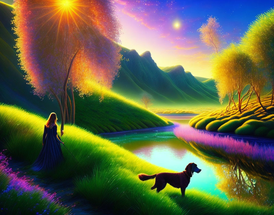 Fantasy landscape with woman in blue dress by river and luminous trees