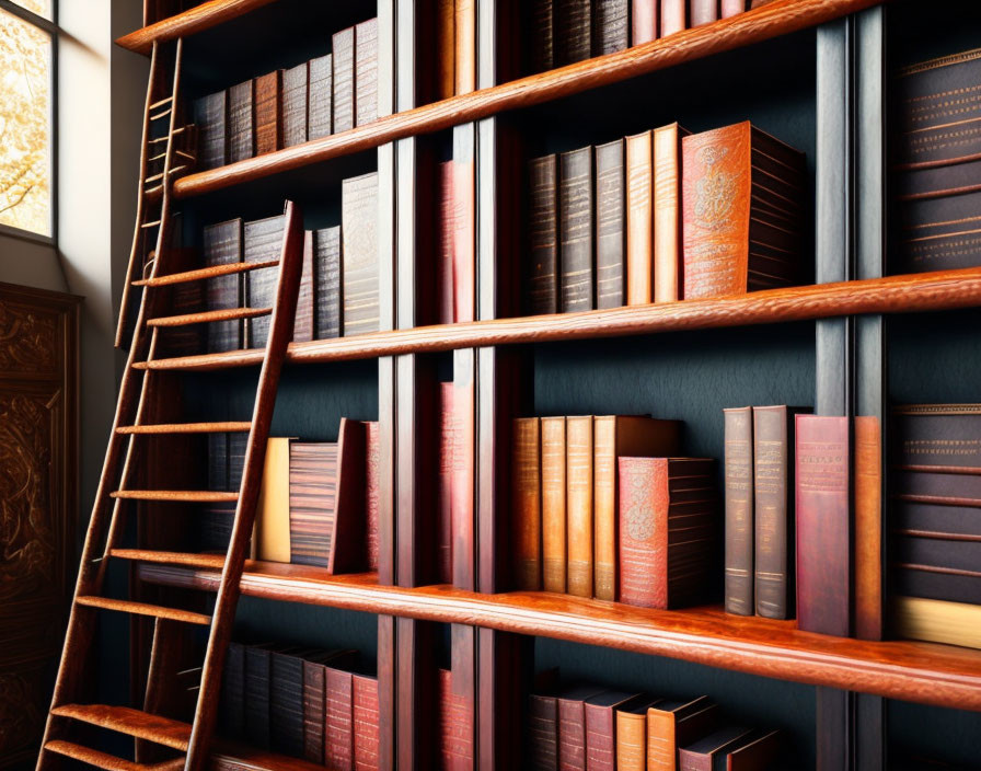 Cozy room with wooden ladder and bookshelf full of hardcover books