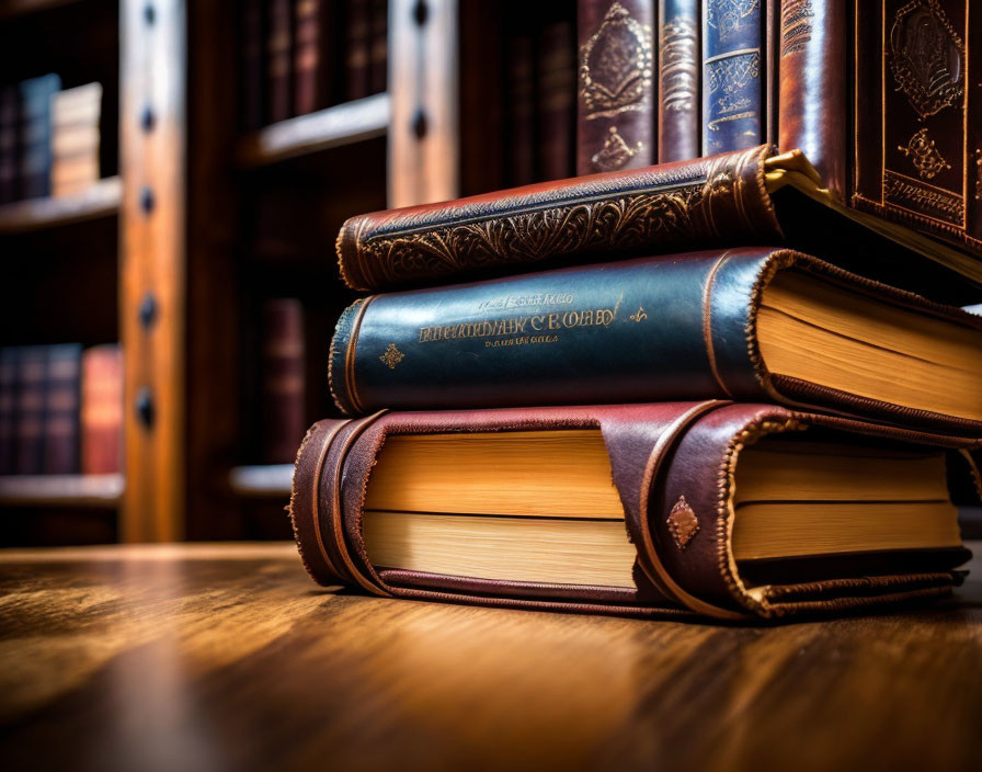 Stack of Hardcover Leather-Bound Books on Wooden Table