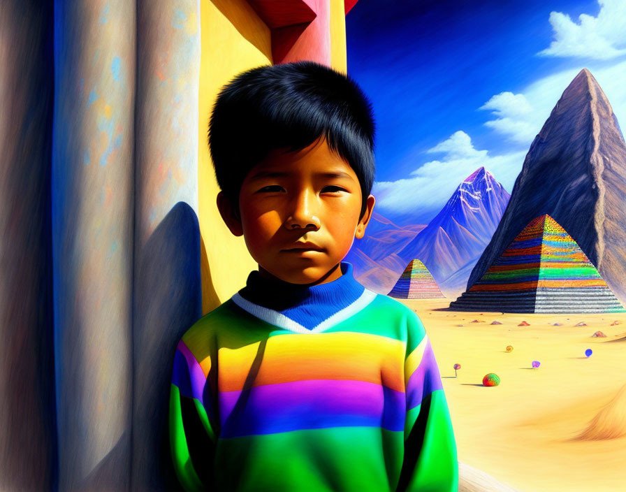 Colorful Striped Sweater Boy in Desert Landscape with Pyramids