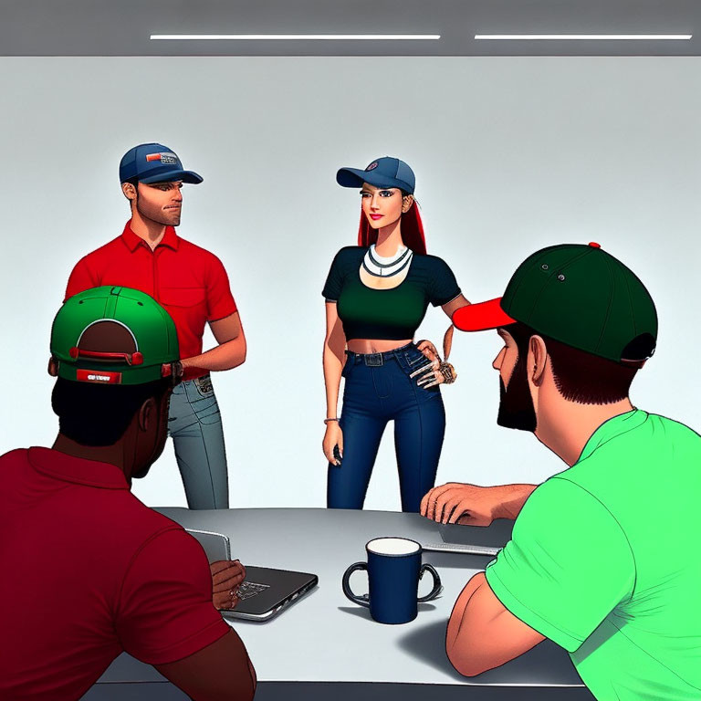 Colorful-capped animated characters in casual attire chatting at round table with mug and tablet.