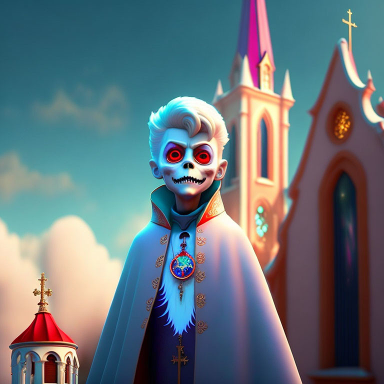 Skull-faced animated character with white hair and cape in front of a church