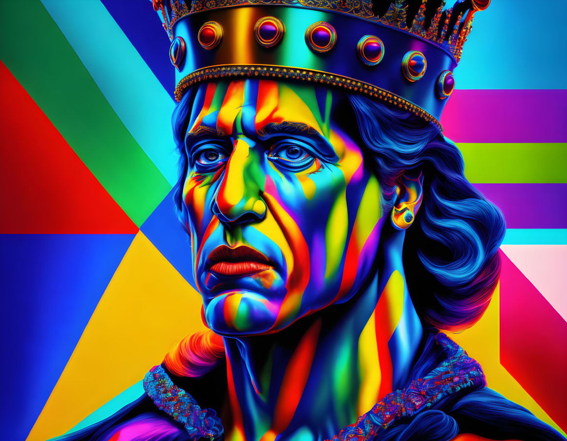 Colorful digital portrait of stern figure in royal attire against geometric backdrop