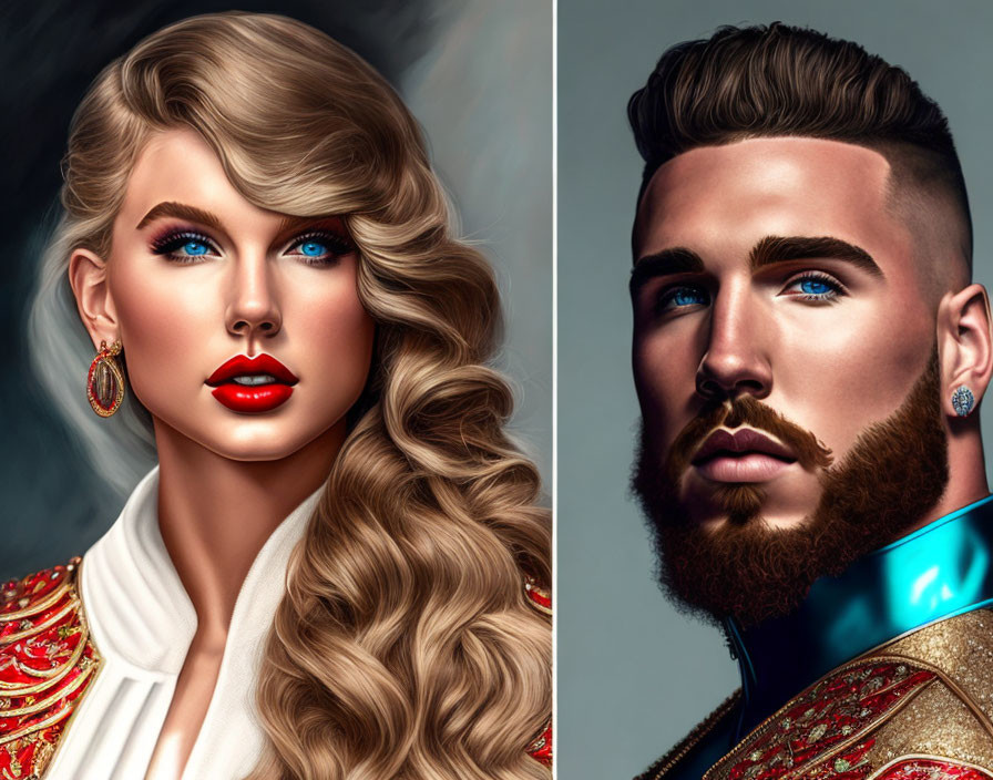 Digital artwork: Woman with blonde curled hair and man with beard, both with blue eyes, in red