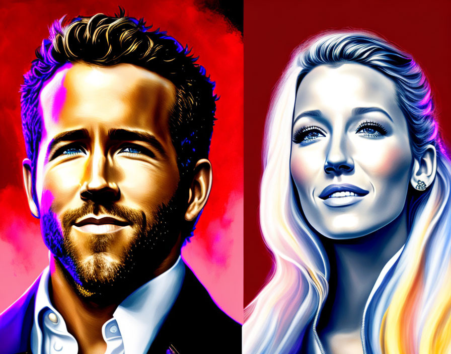 Colorful digital art of smiling man and woman with stylized lighting