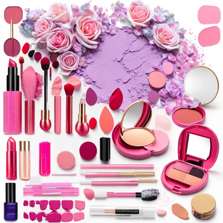 Assorted cosmetics with lipsticks, brushes, powders, and blushes, styled with pink roses