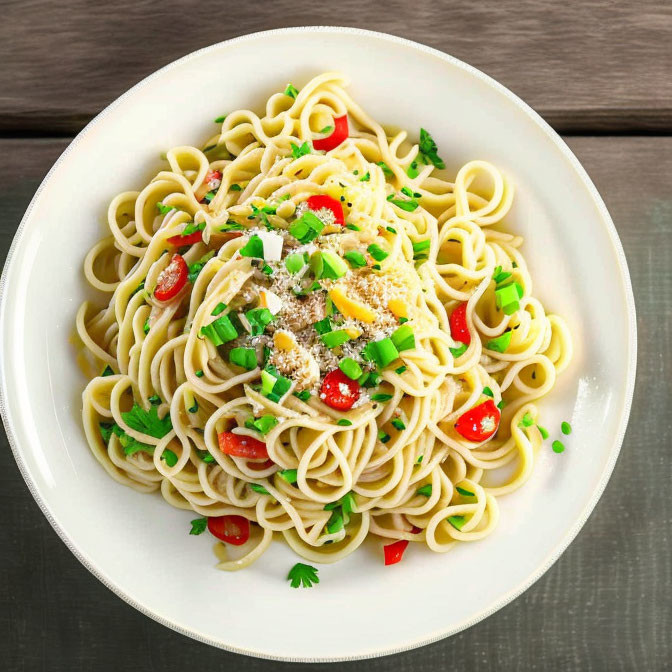 Plate of Pasta with Cherry Tomatoes, Cheese, and Herbs on Wooden Table