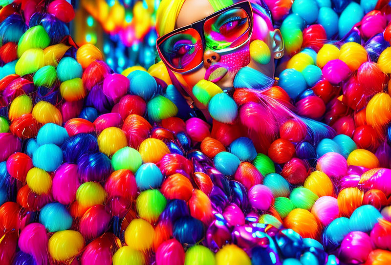 Person in Multicolored Balls with Rainbow Glasses and Colorful Makeup